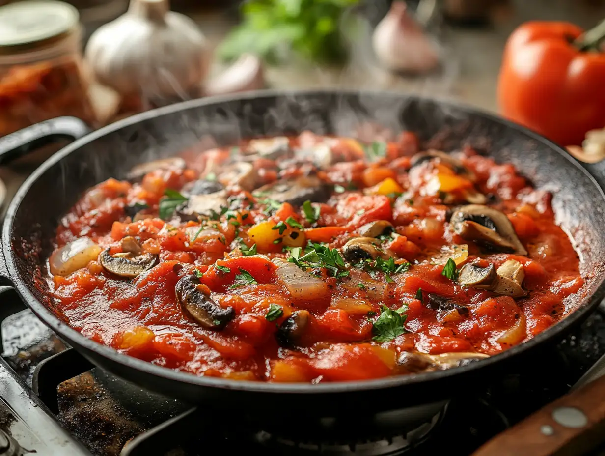 Cacciatore sauce simmering with fresh vegetables in a skillet, emitting steam in a rustic kitchen.