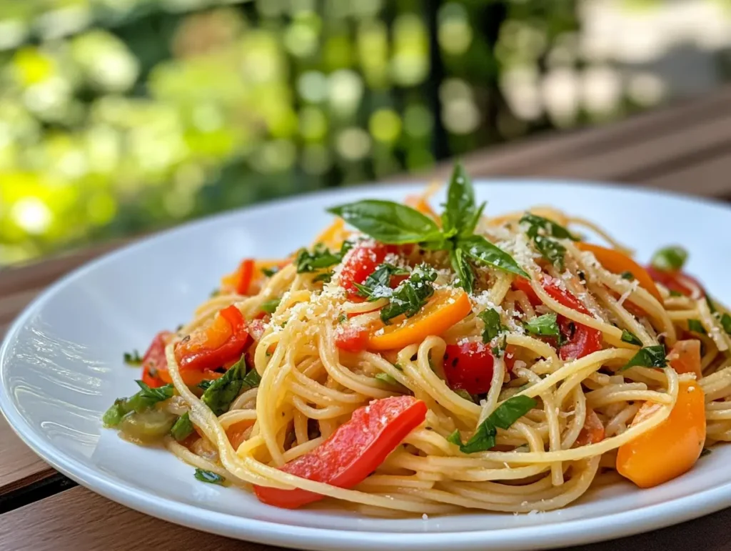 A vibrant plate of spaghetti salad garnished with fresh herbs.