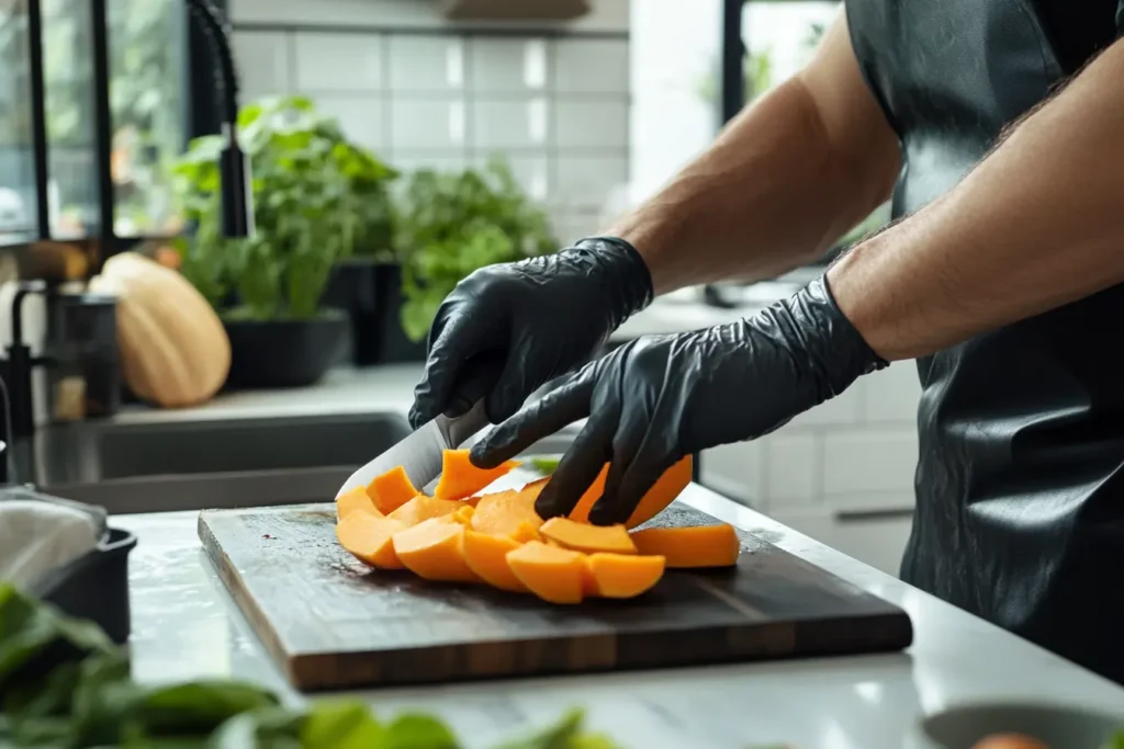 Person naturally wearing gloves while cutting butternut squash.