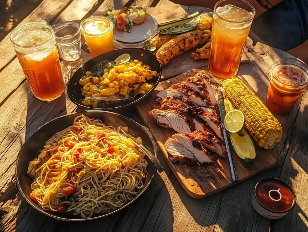 Spaghetti salad served at a summer picnic with grilled food.