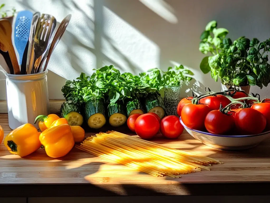 Fresh ingredients for spaghetti salad on a rustic countertop.