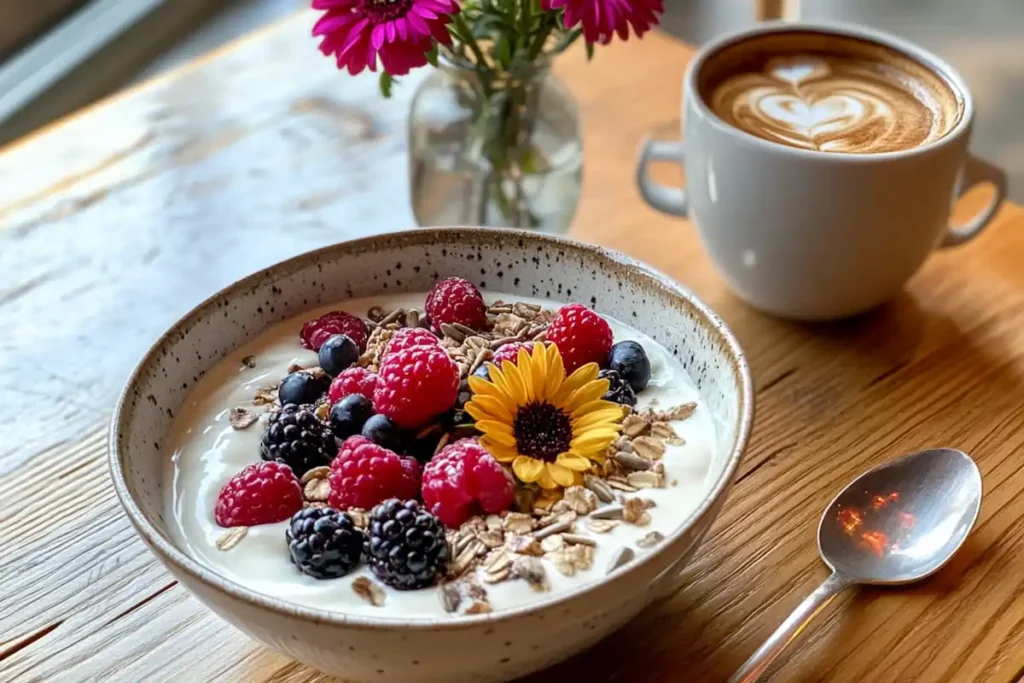 A breakfast bowl with yogurt, sunflower seeds, berries, and granola