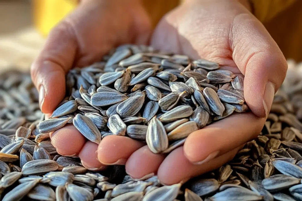 A bowl of unshelled sunflower seeds on a rustic wooden table.