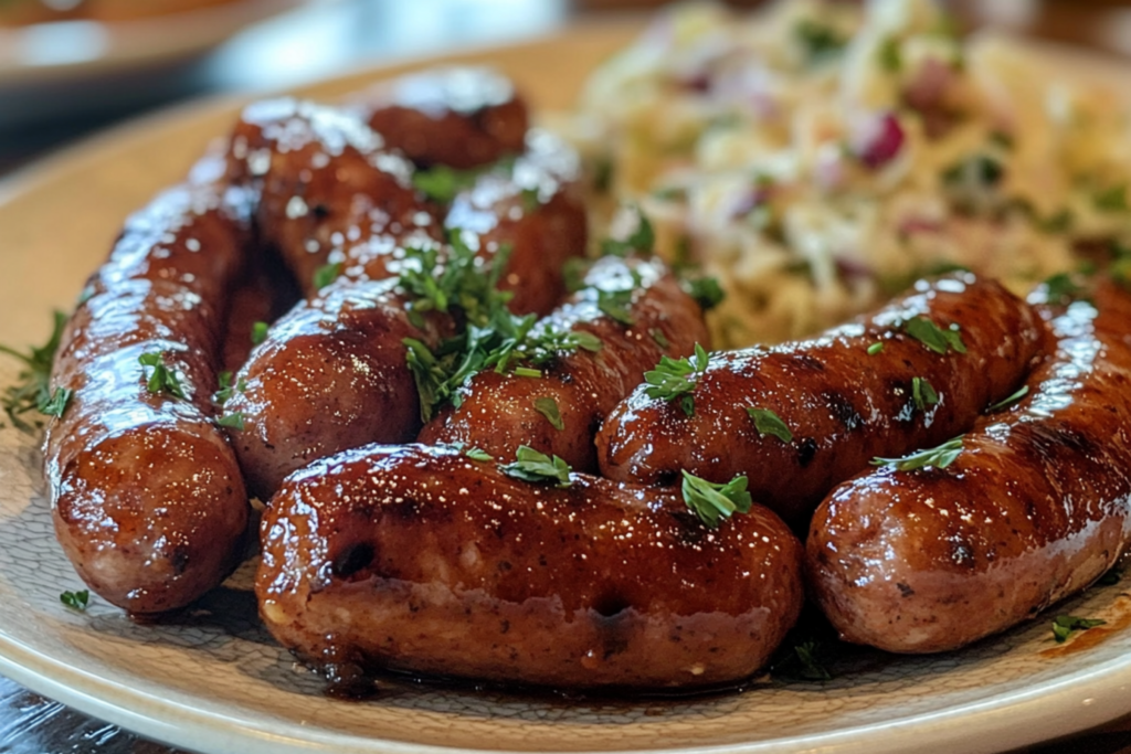 Lil Smokies glazed with barbecue sauce on a rustic table