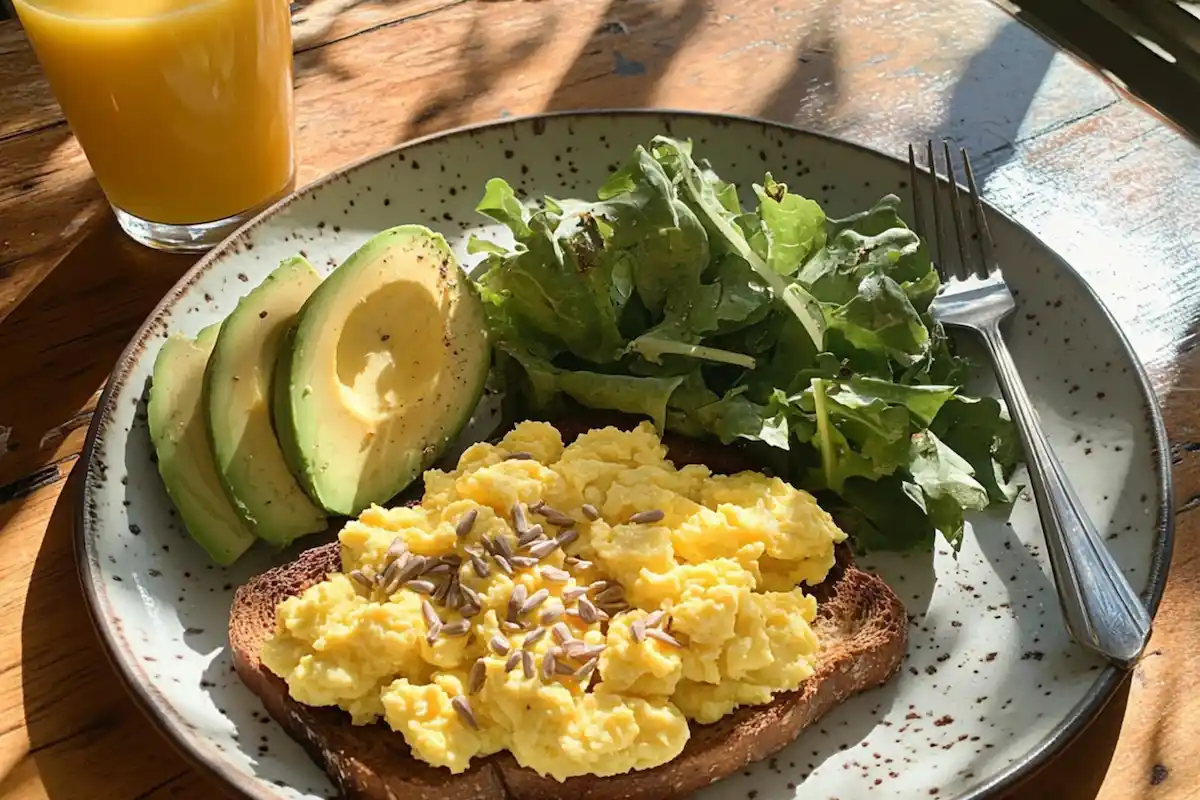 Breakfast plate with scrambled eggs, avocado, toast, and sunflower seeds.