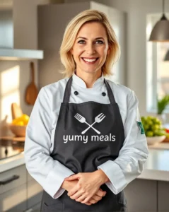 Smiling chef wearing a black apron with "yumy meals" logo in a modern kitchen.