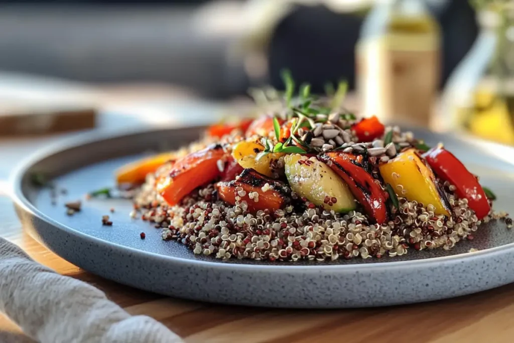 A plated quinoa dish topped with sunflower seeds and vegetables.