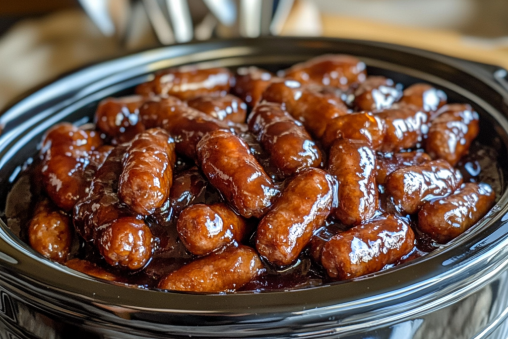 Lil Smokies in a slow cooker with barbecue sauce