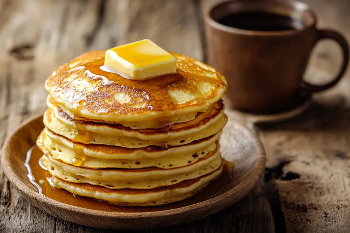 Classic old fashioned pancake recipe served with syrup