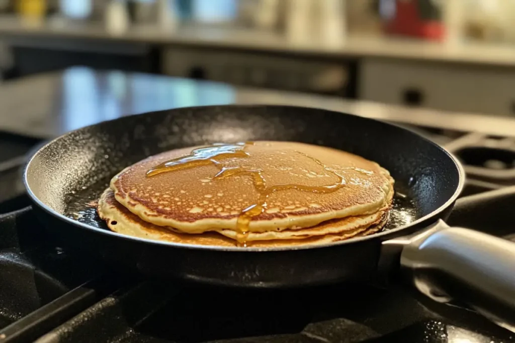 Fluffy old fashioned pancakes being flipped in a pan